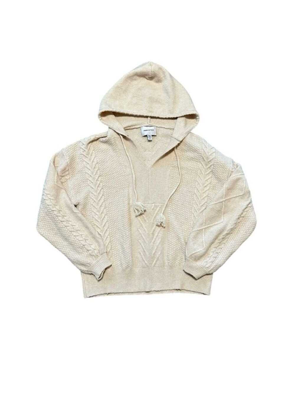 Industry Cream Knit Hoodie Sweater Medium Boho Cable Knit Pullover